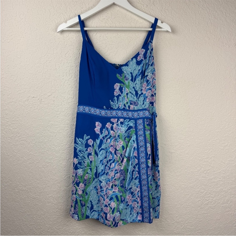 Lilly Pulitzer Blue Floral Wrap Jumpsuit with Pink & Aqua Accents - Picture 2 of 4